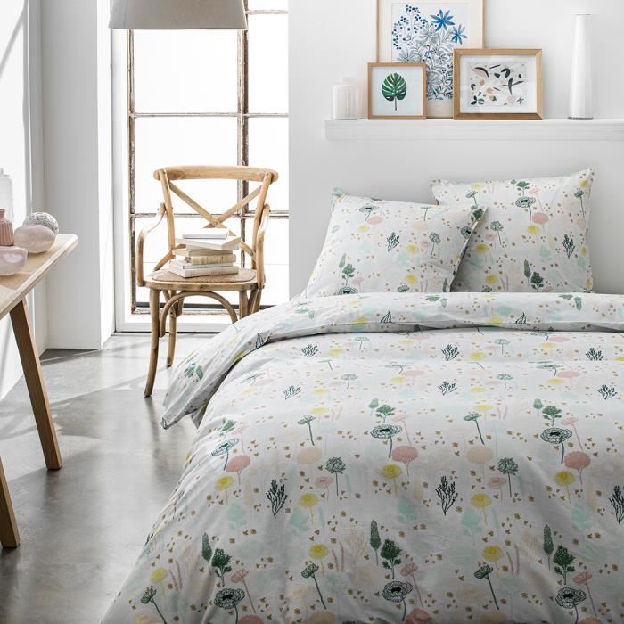 Parure de lit 2 personnes 220X240 Coton imprime blanc Floral SUNSHINE