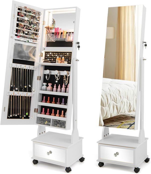 GOPLUS Armoire à Bijoux avec Roues Verrouillable-Miroir de Courtoisie Interne et Pleine Longueur-Lumières LED Blanc