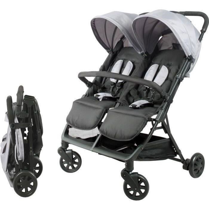 Bambisol - DS209 GRIS NOIR - Poussette Double Cote a Cote Pour Jumeaux des la Naissance Pliage Ultra-Compact Noir Gris
