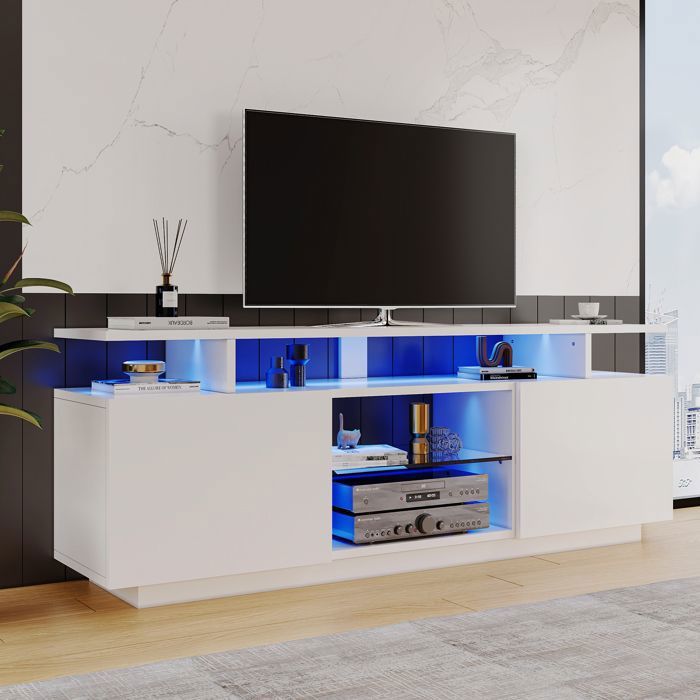 Meuble TV moderne 140cm avec LED - 2 portes et 2 compartiments en verre - Blanc
