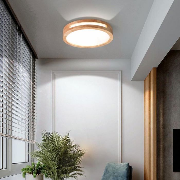 WOTTES Plafonnier LED en bois 40CM Rond Plafonnier LED Salon Blanc froid Plafonnier en chêne Rond Lampe en bois pour balcon