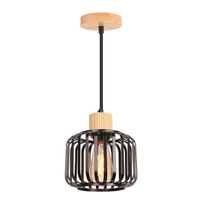 Suspension Luminaire - IDEGU - Rétro - Bois et Métal - E27 - 60W - Noir