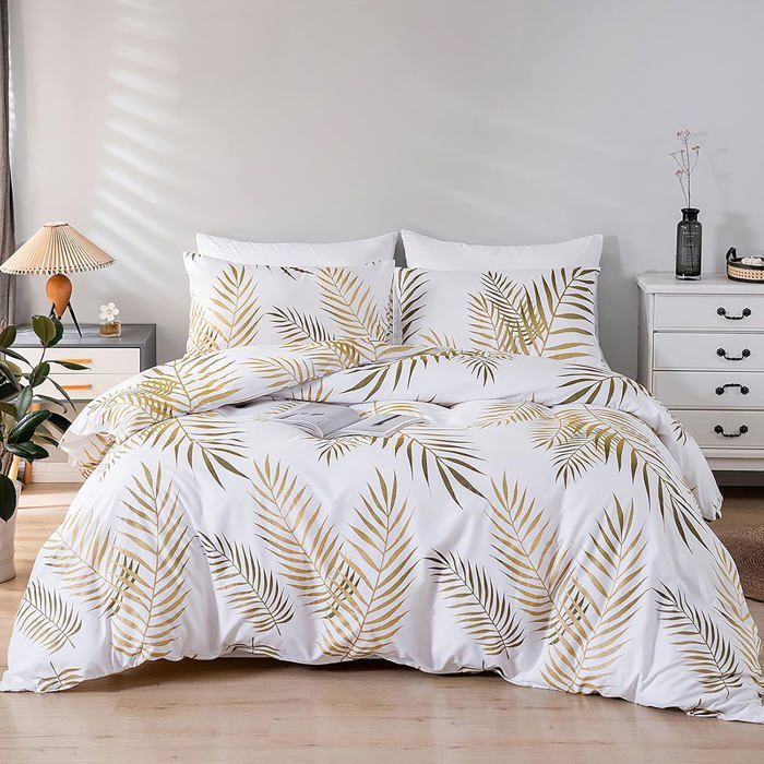 Set Housse de Couette 220x240 cm 2 Personnes et 2 x Taies doreiller 50x75 cm 100% Microfibre Parure de Linge Or Blanc