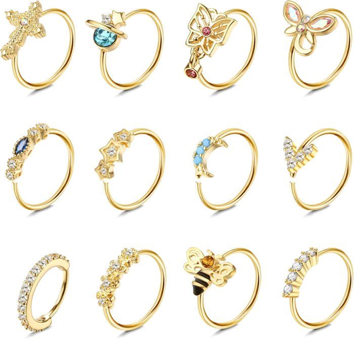 Lot De 12 Anneaux De Nez En Acier Inoxydable 20G - Diamètre 8 Mm - Motifs Fleur, Papillon, Lune, Etc. - Pour Piercing Nez, Hélix, Septum