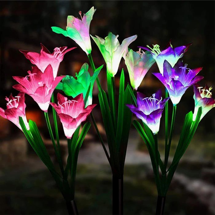 Lampe Solaire Exterieur Jardin 3 pièces Lys Solaire Lumière Solaire Fleur Artificielle Lampe (Rose & Violet & Blanc)