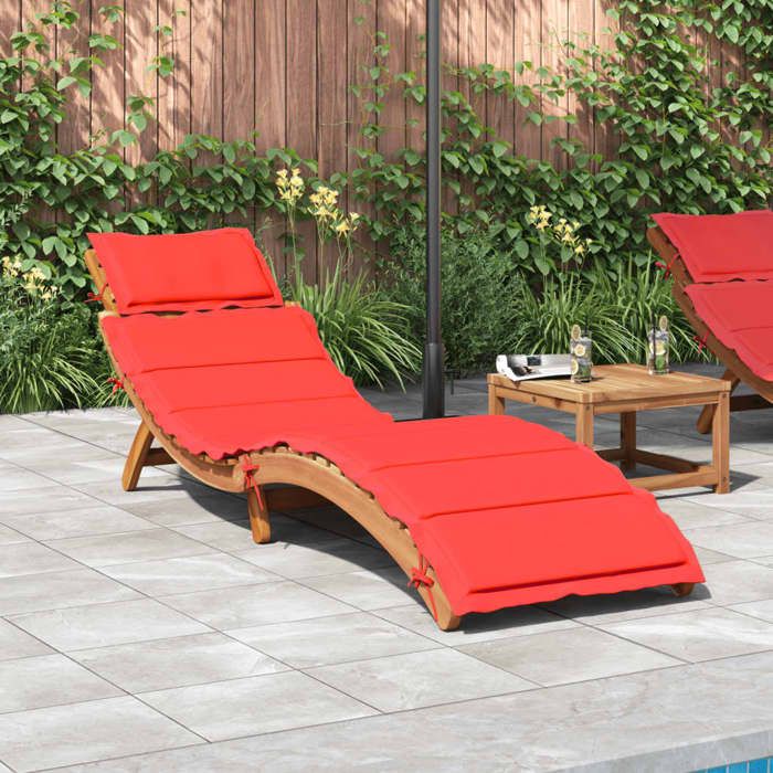 14046& Bains de soleil avec coussin rouge bois dacacia solide - L184 x P55 x H65 cm - tissu 100 % polyester