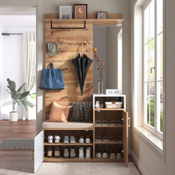 Meuble à Chaussures avec 4 patères miroir patère murale tablette supérieure banc vestiaire pour couloir Blanc et couleur