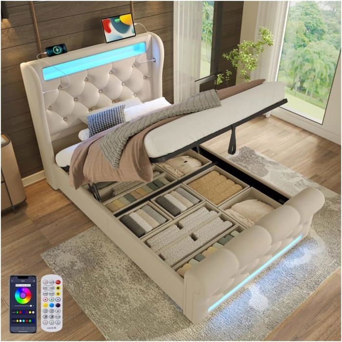 Lemonbest Lit simple rembourré avec LED 90 x 200cm Lit coffre avec relevage hydraulique et Ports USB et Type-C Velours + Beige