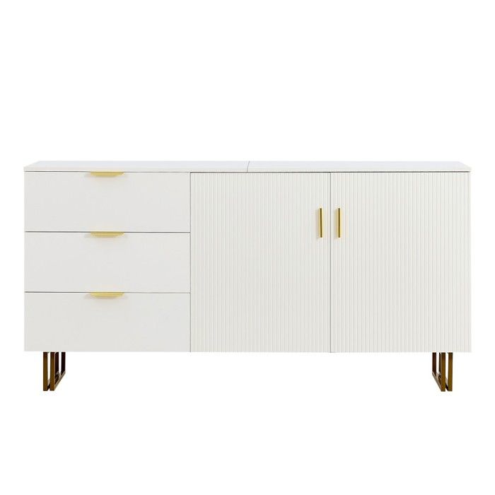 Buffet 2 Portes 3 Tiroirs Blanc 160x40x81.5 Cm - Style Contemporain Avec Poignées Dorées, Pieds Acier