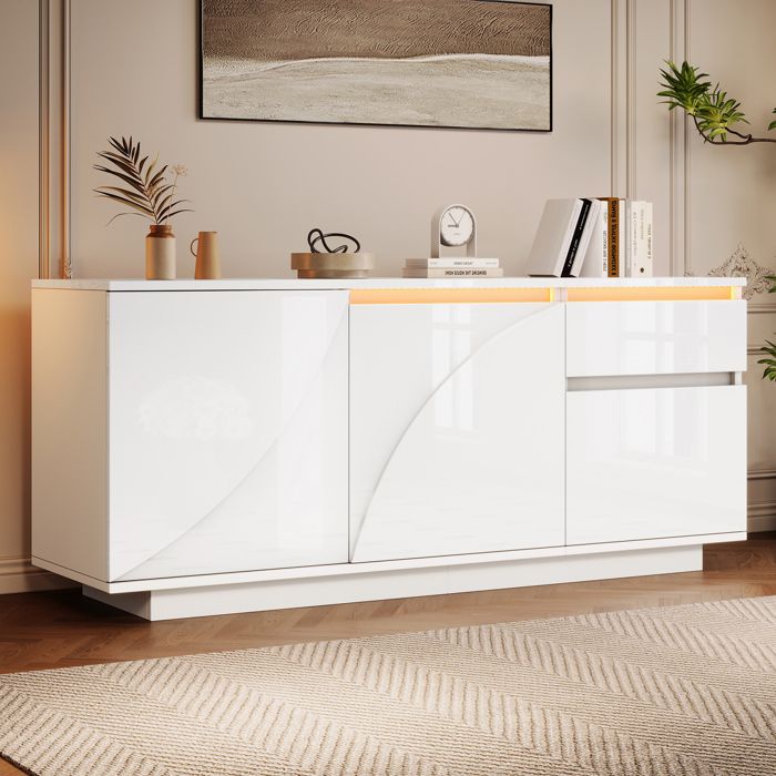 Buffet 140x40x60cm brillant - 3 portes et 1 tiroir - Avec éclairage LED - Avec étagères réglables - MDF - Blanc