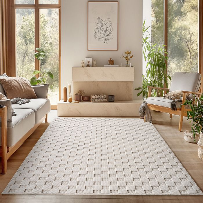 SIMPEX Tapis Salon 160x230 cm Crème Design à Carreaux Bouclé Boucles Style Résistant Facile à Nettoyer Coin Canapé Chambre
