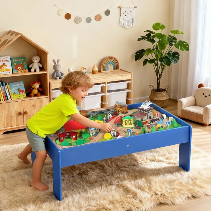 Table de jeu circuit de train en bois de 108 pièces avec plateau amovible dimensions : 98 x 605 x 40 cm bleu
