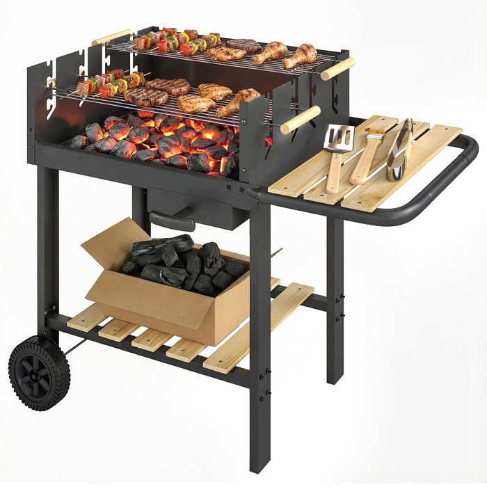 Chariot à barbecue de bois - Outsunny - 2 grilles réglables - tablette latérale étagère inférieure - métal - 995x58x82cm - noir