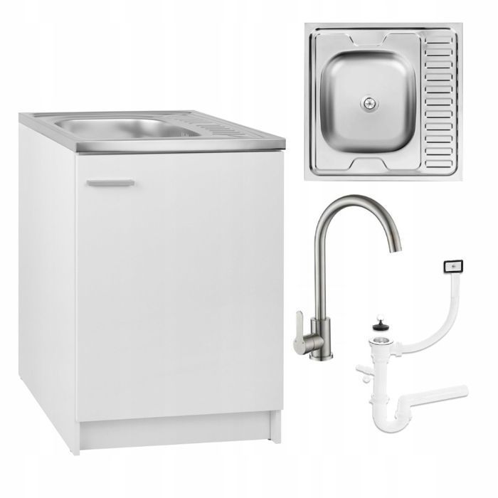 STAMAR Meuble sous Évier 60 cm Blanc + Évier Inox + Robinet Haute Chromé+ Siphon LV + Kit - 60x60x82 cm