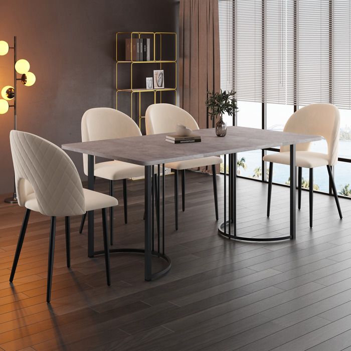 Table à manger grise L 140 x P 80 x H 75 cm plateau MDF effet marbre pieds métal réglables