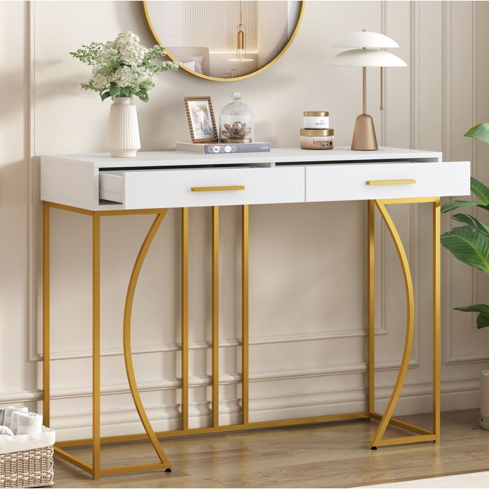Table console blanche en MDF avec structure en métal et 1 tiroir