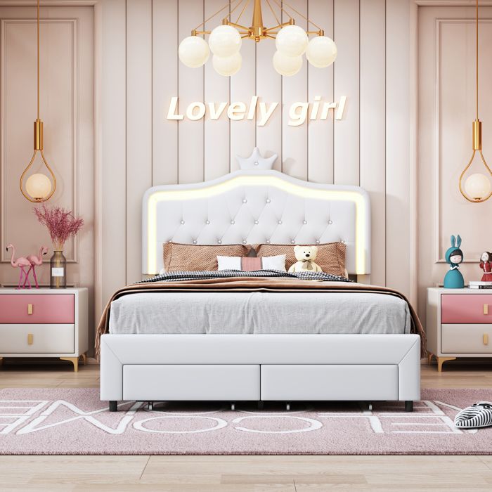 Lit Enfant 140x200 cm - Lit Couronne Princesse avec 2 Tiroirs - Tête LED Adjustable - Sommier Lattes - Blanc - Sans Matelas