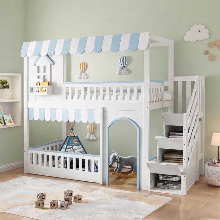 Lit enfant superposé avec rangement escalier et lattes blanc et bleu 90x200 cm