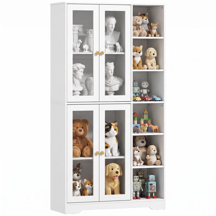 Armoire de cuisine - HOMCOM - 4 portes à fermeture douce en verre trempé et 6 compartiments ouverts - bois - 90x35x172cm - blanc