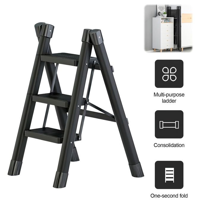 Escabeau Pliable à 3 Marches - Acier Carbone - Charge Max 120kg - Stable - Marche Antidérapant - pour Maison Atelier Magasin -Noir