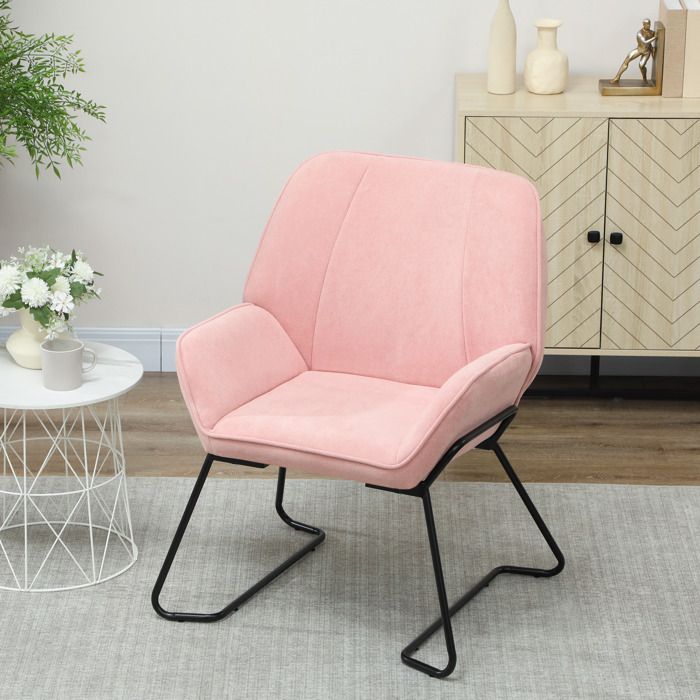 Fauteuil de salon - Assise large rembourrée - Velours rose - Pieds métal noirs - Mousse haute densité