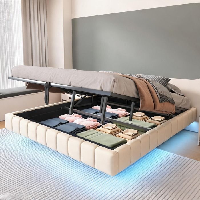Lit plateforme 180x200 cm en lin beige avec rangement hydraulique et éclairage LED intégré