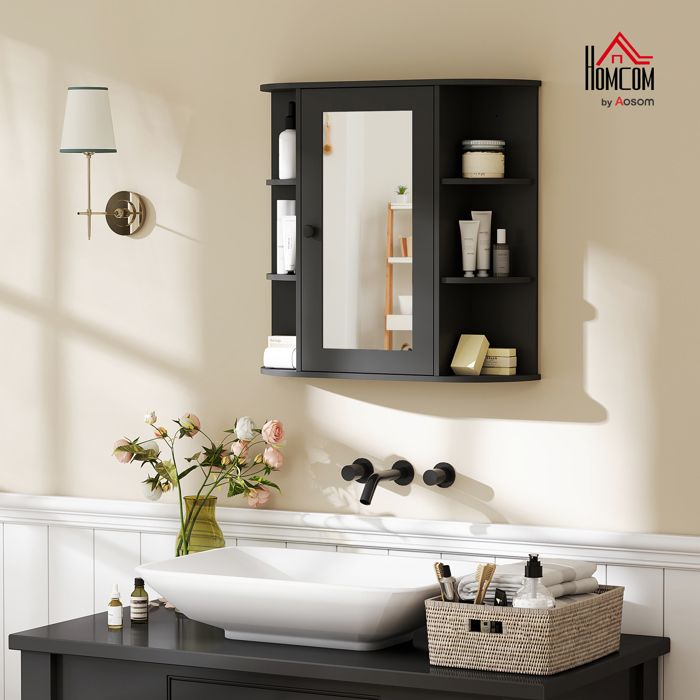 Armoire miroir de salle de bain 66x17x63 cm noir bois et verre 6 étagères ouvertes et 2 fermées