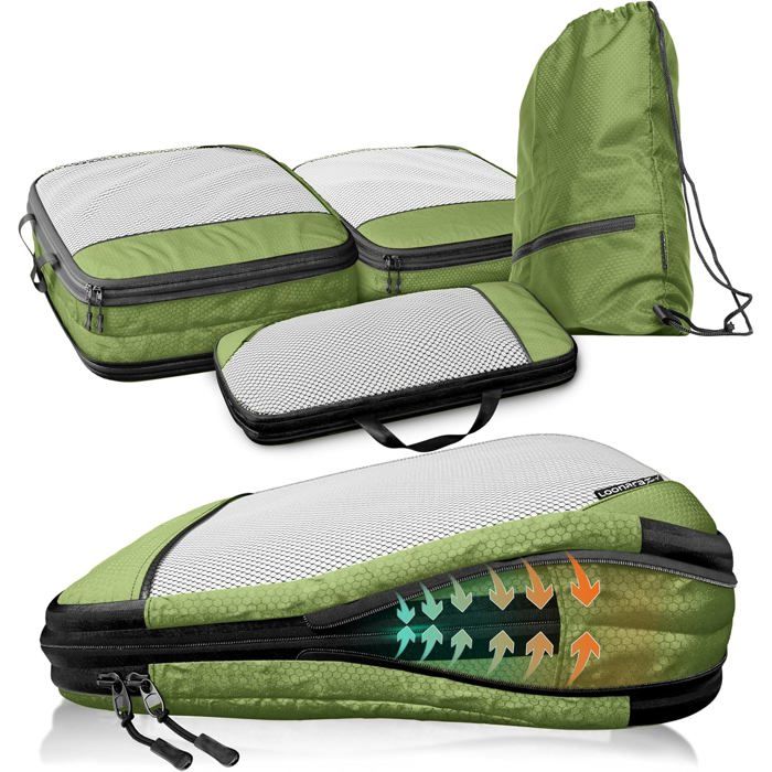 Sacs compression valise Loonara 4 pièces cubes compressibles organiseurs bagage camping randonnée (Vert)