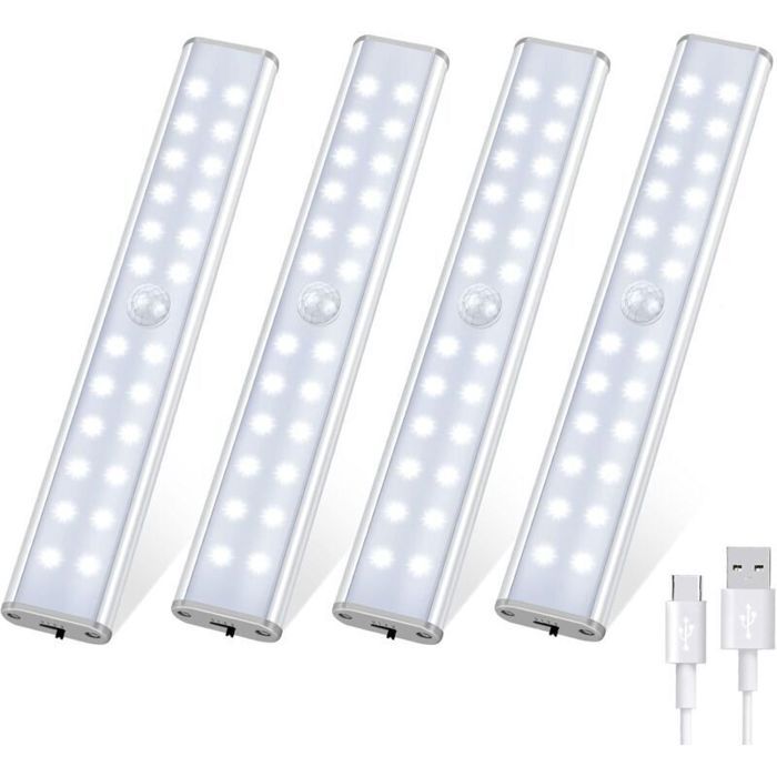 Lampe LED 96 LEDs Rechargeable avec Détecteur de Mouvement – 4 Modes Sans Fil Idéale Cuisine/Couloir/Garage (4 Pièces)