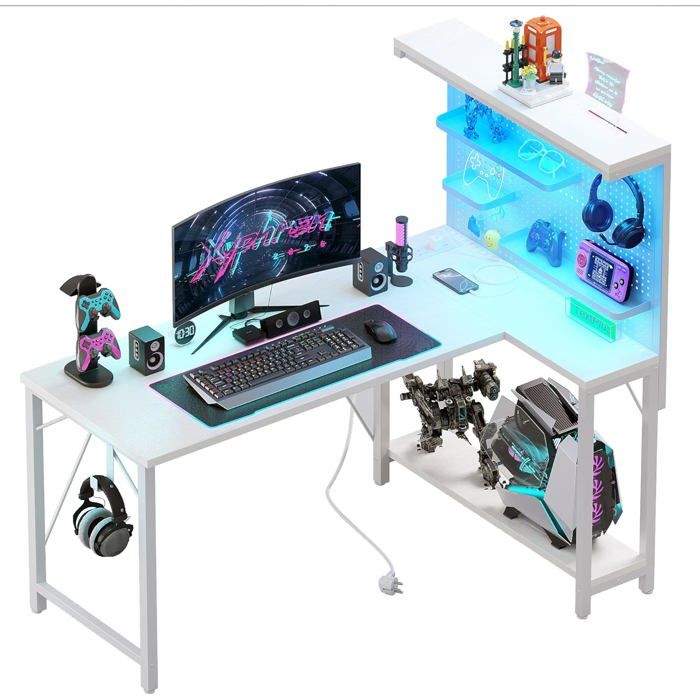 120*80cm L-förmiger Table Gaming avec Panneau Perforé et Étagères Bureau dangle avec Prise Réversible avec 3 Détachables Blanc