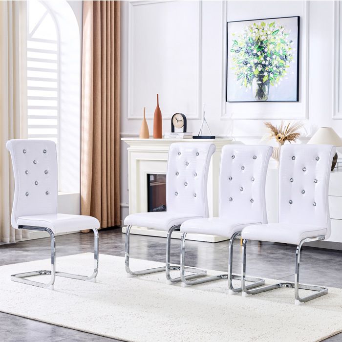 Maisentiel Lot de 4 chaises de salle à manger blanches en PVC métal chromé dossier haut strass
