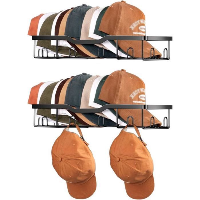 Porte Casquette Mural en Métal – Lot de 2 Supports Muraux pour 20 Casquettes – Rangement Casquettes 3CQINGSHOP