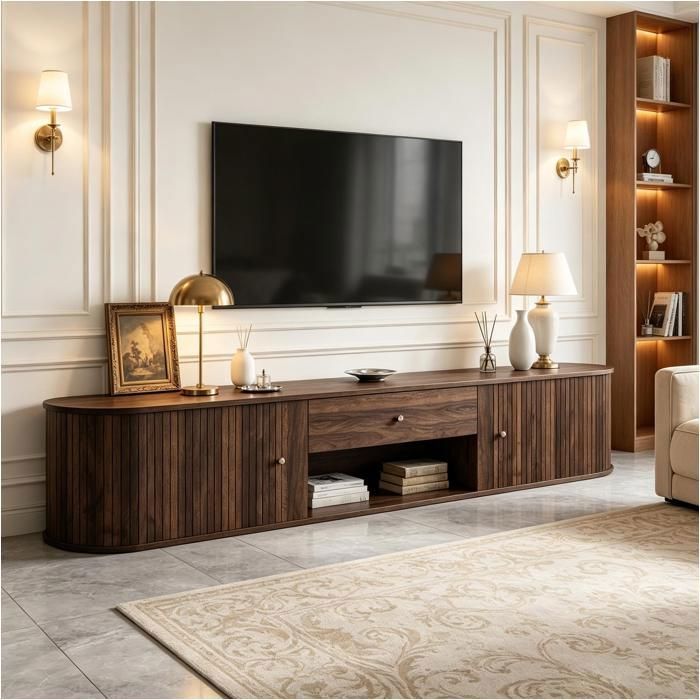 Meuble TV Bas 180 x 40 x 40 cm 2 Portes Tambour 1 Tiroir Niche Ouverte Bords Arrondis pour TV jusquà 75 Pouces Effet Noyer