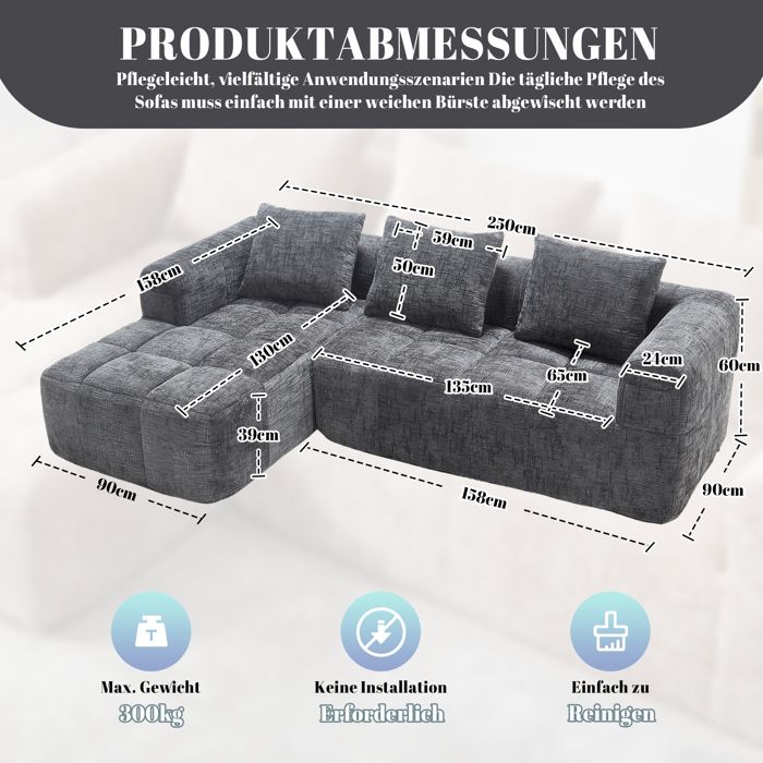 Canapé télécommande incluse structure rembourrée revêtement en chenille avec accoudoirs avec coussins 3 places coloris gris