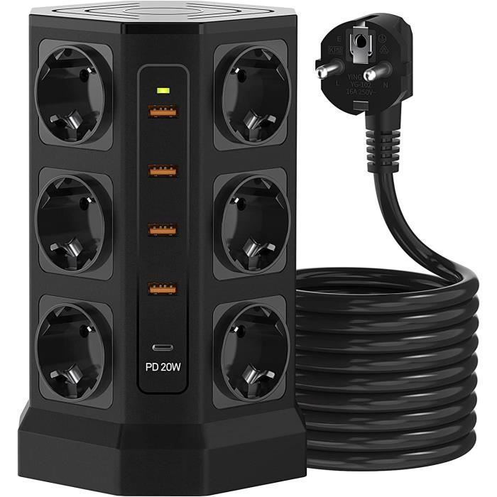 Multiprise Tour Avec Interrupteur - 8 Prises + 4 Ports USB - ZYC05 Noir