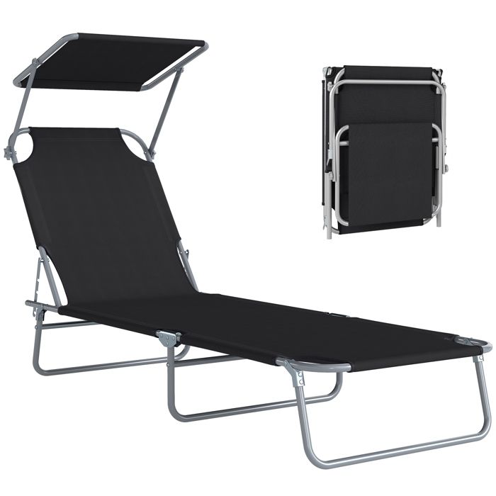 Transat bain de soleil - Outsunny - pliable grand confort inclinable pare-soleil réglable - métal - 187x58x36cm - noir