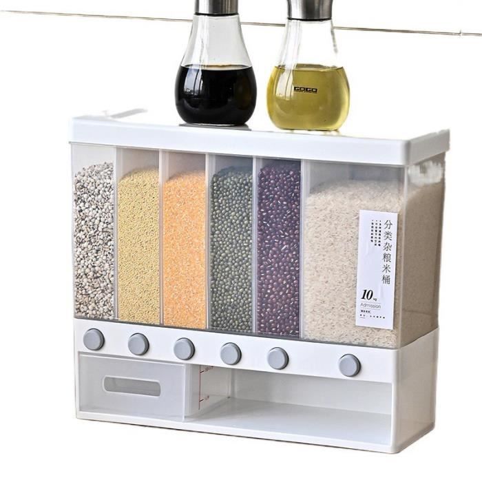 Distributeur de céréales, récipient rotatif transparent pour aliments secs, seau à 6 grilles à 360°, récipient de stockage de céréales, distributeur de céréales, distributeur de riz mural pour