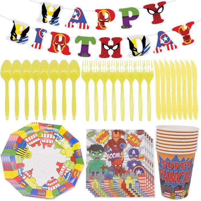 JPYH 57 PCS Vaisselle de fête,Kit de décorations d/'anniversaire de Super-héro,Marvel Avengers Assemblez Vaisselle Assiettes Assiettes Tasses Serviettes
