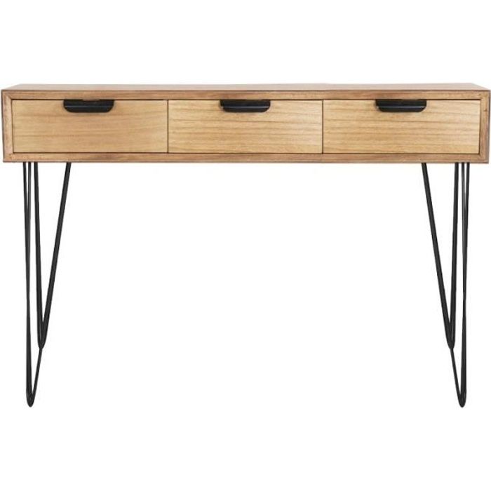Console Copenhague 110x80.5, bois naturel MDF, métal noir , 3 tiroirs, entrée et couloir/ style industriel