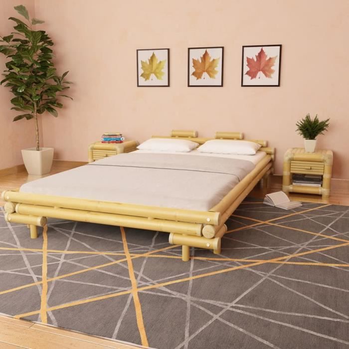 cadre de lit double pour adulte - ®64973hot - bambou - 140 x 200 cm - campagne - jaune - a lattes