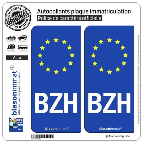 2 Autocollants plaque immatriculation Auto BZH Breizh - Identifiant Européen