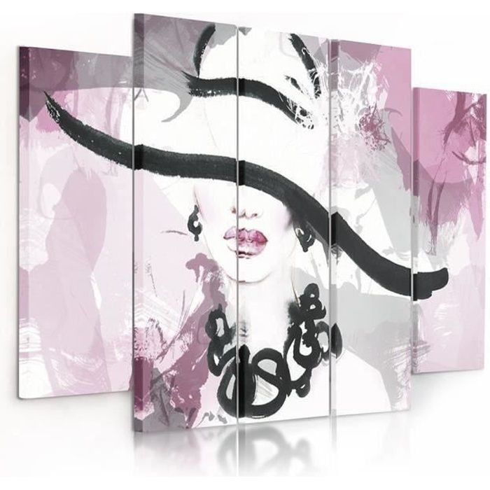 Tableau Décoration Murale La dame au chapeau 5 Panneaux 150x100 cm Glamour Impression sur Toile pour la Maison Salon