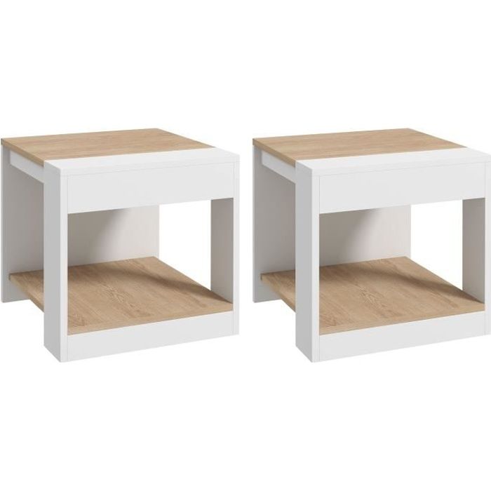 lot de 2 tables basses bouts de canapé guéridons design panneaux blanc aspect chêne clair