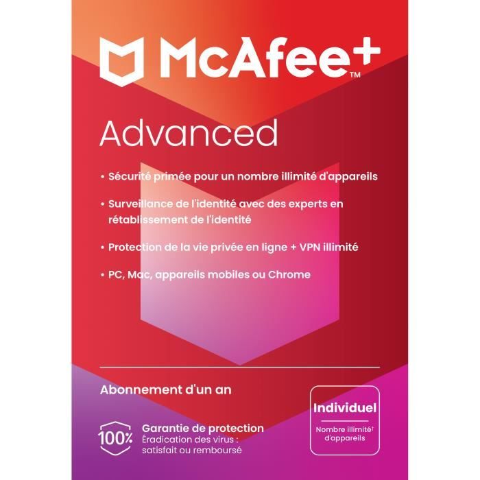 McAfee+ Advanced Individuel 2024 - (Appareils illimités - 1 An) | Version Téléchargement