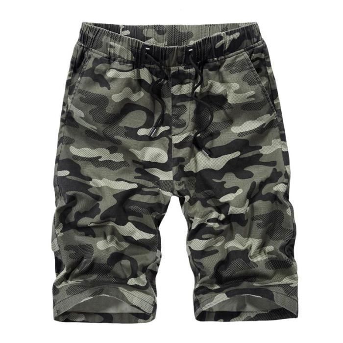 Pantacourt Cargo Homme - Camouflage - Taille Elastiquee - Multi-Poches - Vert Militaire Vert Militaire - Prêt-à-Porter