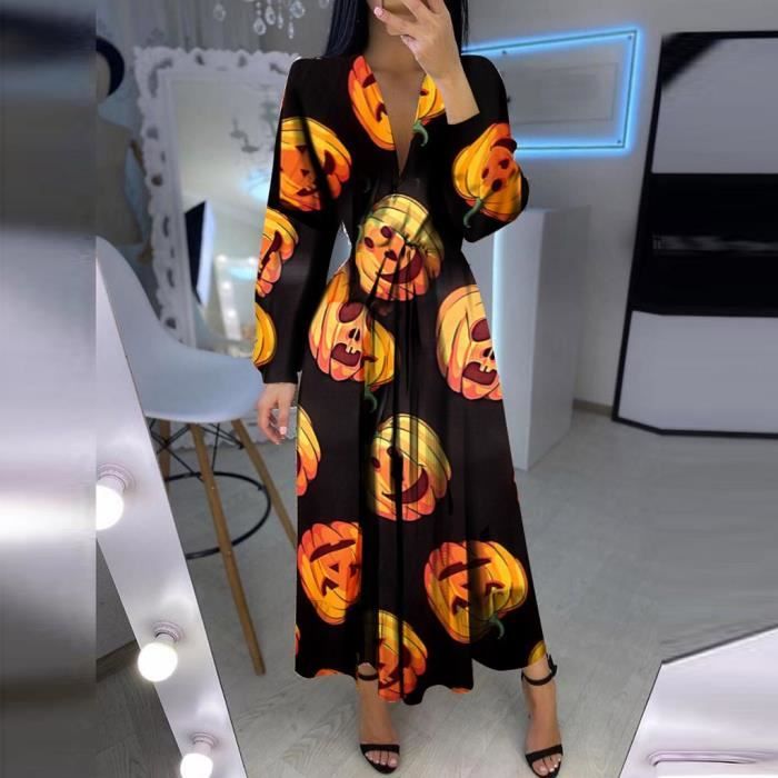 Robe Déguisement Halloween Pour Femme – Manches Longues, Imprimé Festif, Style Swing – Idéale Pour Soirée, Cosplay, Fête Déguisée