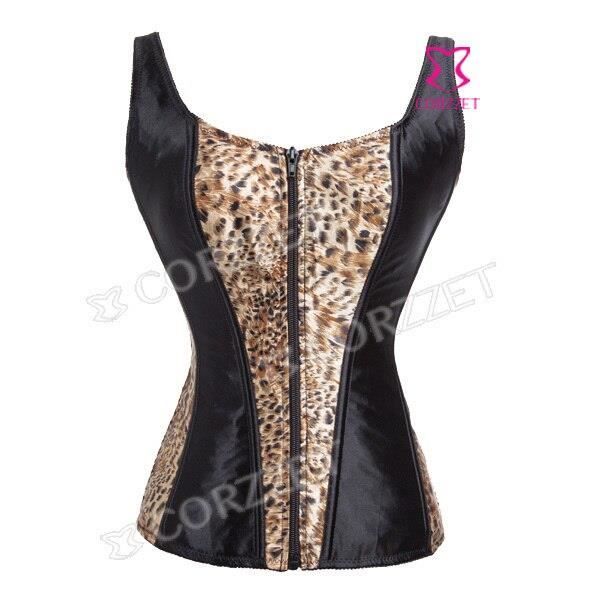 Bustier femme,Corset Sexy en Satin noir et imprimé léopard,Bustier à