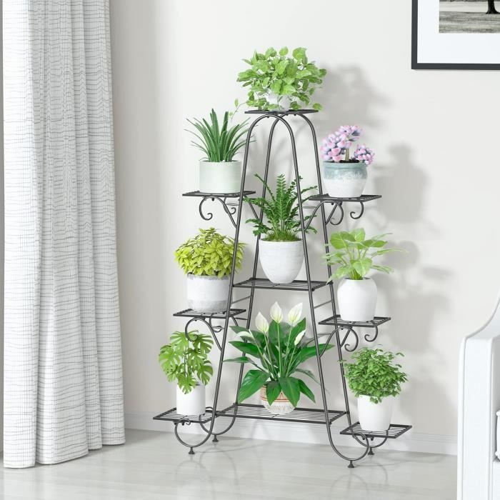Étagère à Fleurs Fer Forgé OHMG - Intérieur Extérieur - 9 Tablettes - Noir