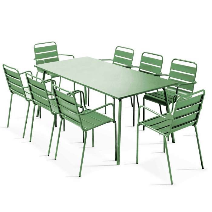 Ensemble table de jardin et 8 fauteuils en métal vert cactus Palavas Oviala