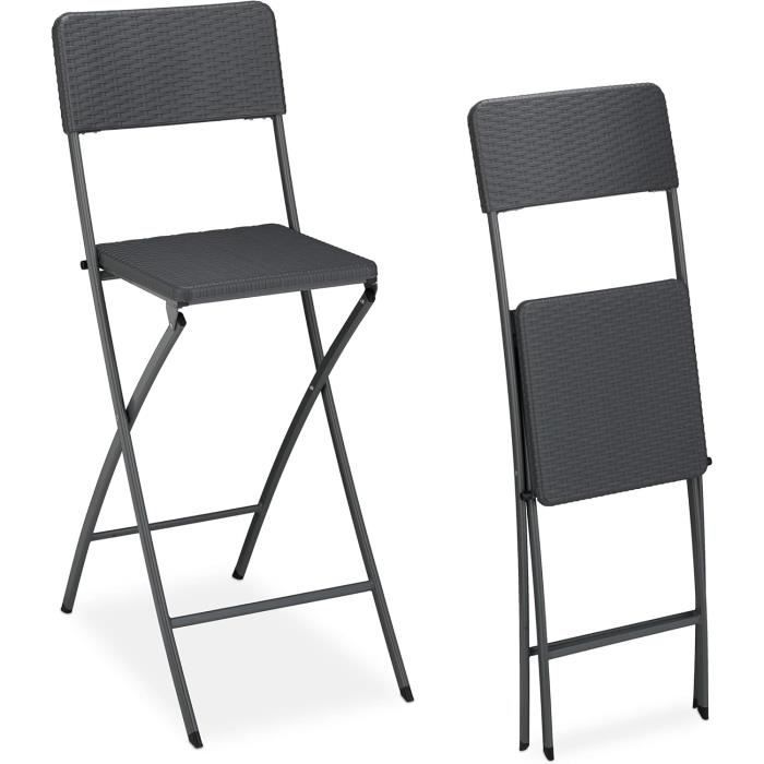 Relaxdays Chaise de Bar Pliante Lot de 2 avec Dossier Tabouret Pliable Bastian 115 x 44 x 63 cm Grise